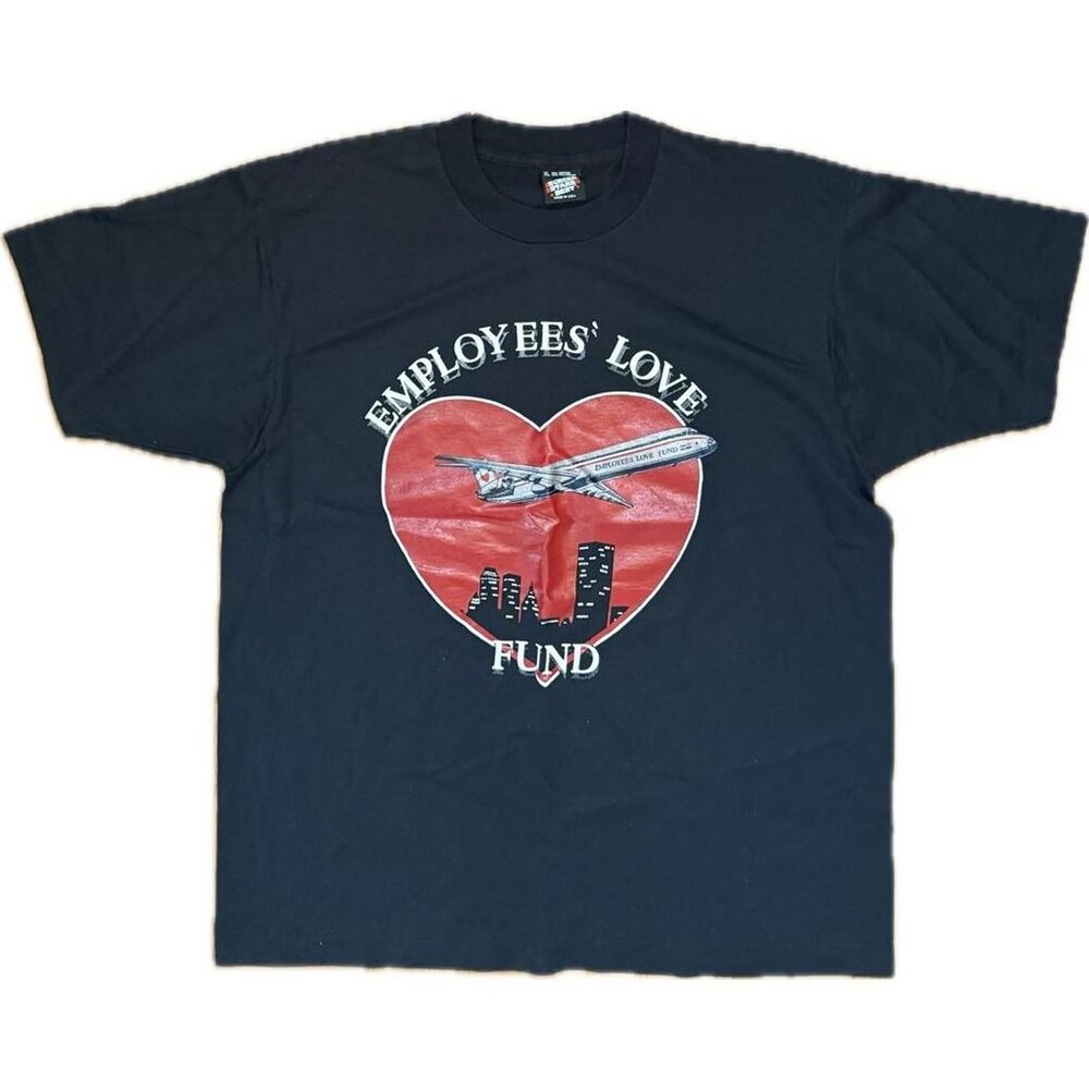 Vintage Single Stitch Airline Heart Plane Employees Love Fund black tee XL